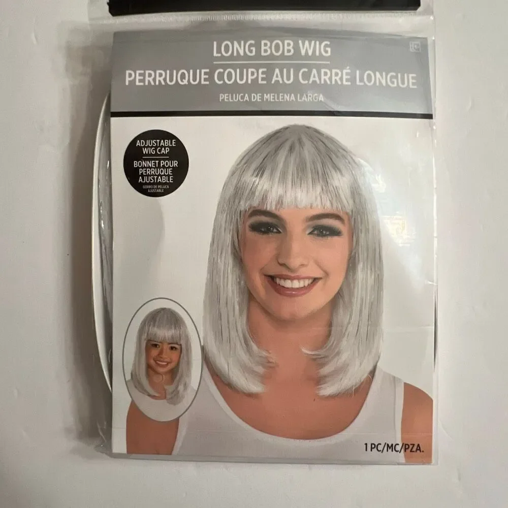 Silver White Gray Wig Long Bob w/ Bangs Straight Hair Halloween Costume NWT New!